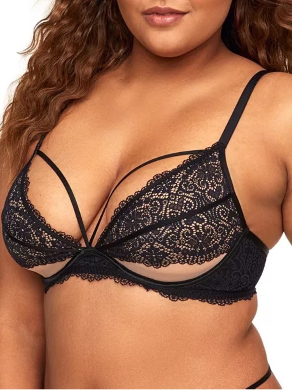 Adore Me Jenni Unlined Plunge Bra 36 DDD Black Lace Underwire EUC